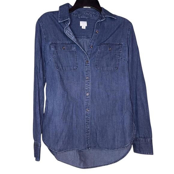 A New Day Blue Denim Long Sleeve Boho Button Up Blue Tortoise Buttons - Picture 1 of 4